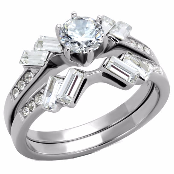 Womens 5x5mm Round Cut CZ Center Stainless Steel Engagement RING SET - Size 9