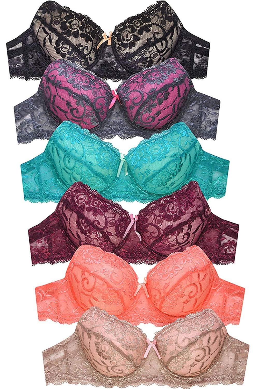 Womens 6 Pack of Everyday Plain, Lace, D, DD, DDD Cup Bra -Various Style  4161L3D4, 34DD 