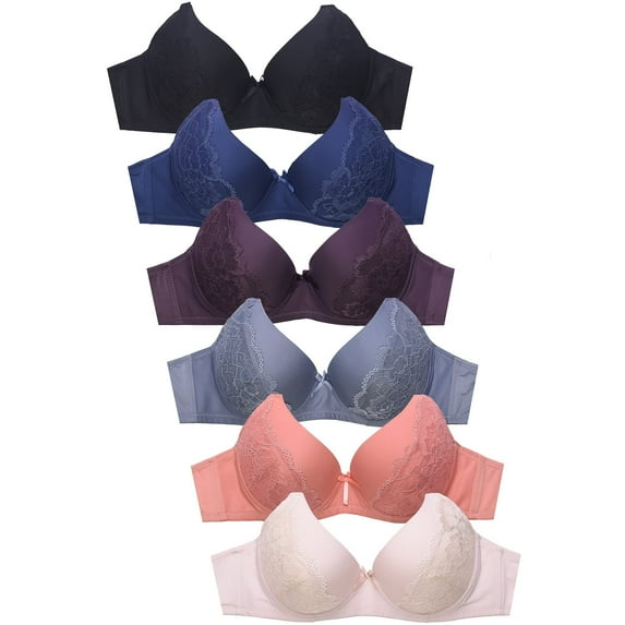 Womens 6 Pack of Everyday Plain, Lace, D, DD, DDD Cup Bra -Various Style 4388PLD, 34DD