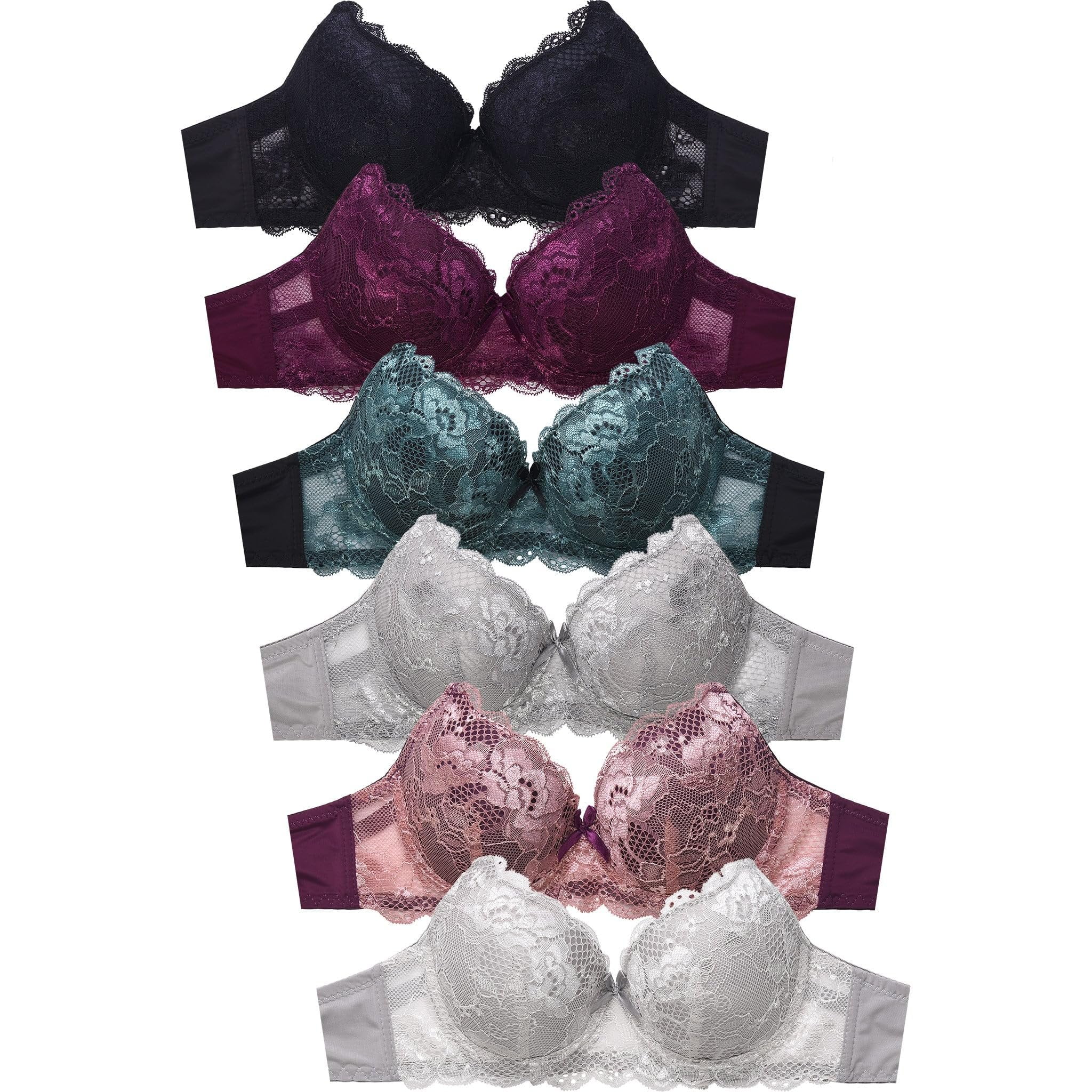 Women's 6 Pack Everyday Bras - Assorted Plain & Lace Styles In D, DD, DDD Cup Sizes With Underwire Support