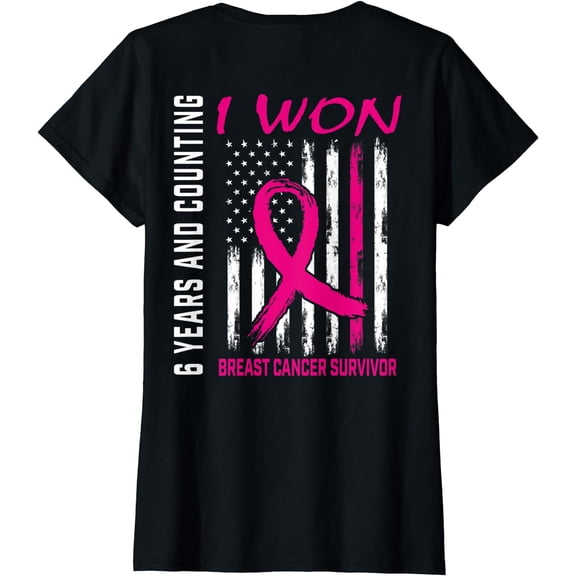Womens 6 Years Free Pink I Won Breast Cancer Survivor American Flag T-Shirt
