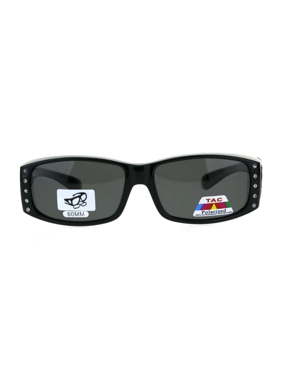 Womens 60mm Squared Rectangular Fit Over Rhinestone Sunglasses All Black