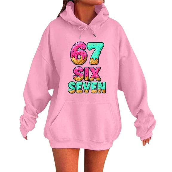 Womens 67 Number Print Hoodies Long Sleeve Hooded Sweatshirt Fall Casual Pullover Sweater