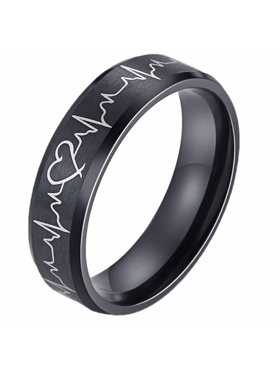 Womens 6mm Wide Stainless Steel ECG Wedding Band Engagement Black Ring Matte Finish Beveled Edge