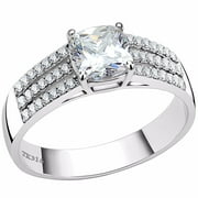 Womens 6x6mm Cushion Cut CZ 3 Row Side Stone Stainless Steel Delicate Wedding Ring - Size 5