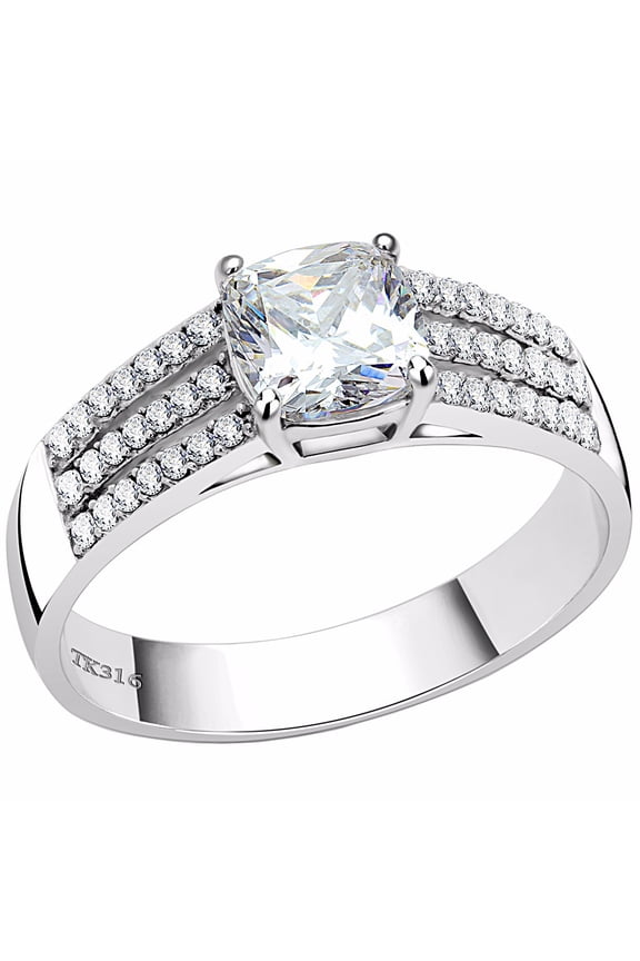 Womens 6x6mm Cushion Cut CZ 3 Row Side Stone Stainless Steel Delicate Wedding Ring - Size 5