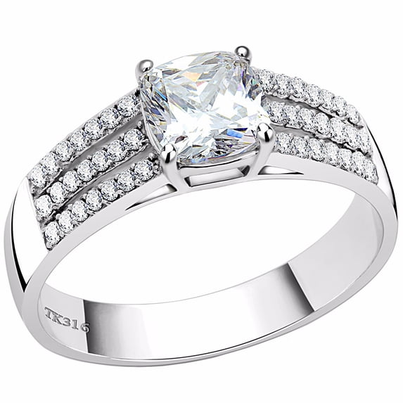 Womens 6x6mm Cushion Cut CZ 3 Row Side Stone Stainless Steel Delicate Wedding Ring - Size 6
