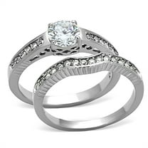Womens 6x6mm Round Cut CZ Tarnish Free Stainless Steel Wedding Engagement 2 Ring Set - Size 5
