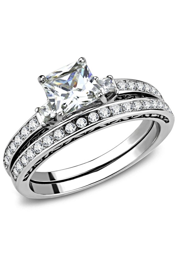 Womens 6x6mm Square CZ Center Luxury Style Stainless Steel Wedding 2 Rings Set - Size 8