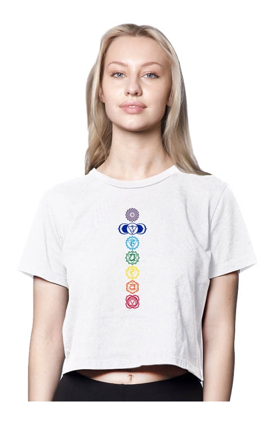 Womens 7 Colored Chakras American-Made Cute Cropped Yoga Tee Shirt, Medium White