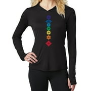 BUY COOL SHIRTS Womens 7 Colored Chakras Hoodie Tee with Thumbholes - Black, XL