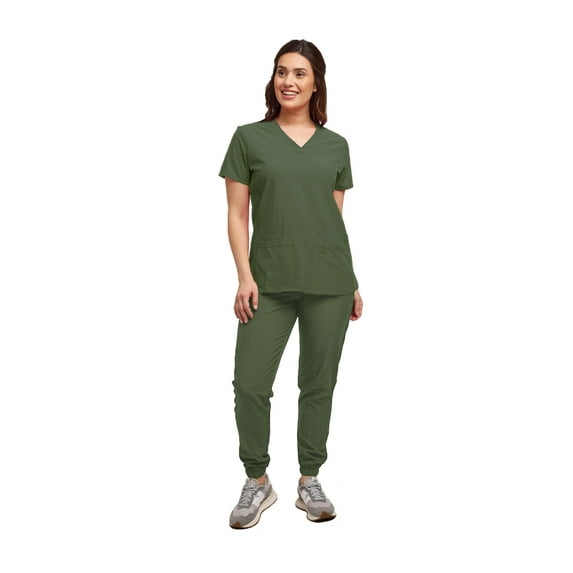 Womens 7 Pocket Scrub Set V-Neck Top and Jogger Pant Medical Nursing Uniform