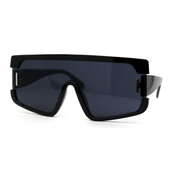 Womens 80s Flat Top Thick Plastic Shield Sunglasses All Black