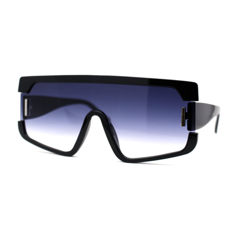 Womens 80s Flat Top Thick Plastic Shield Sunglasses Black 