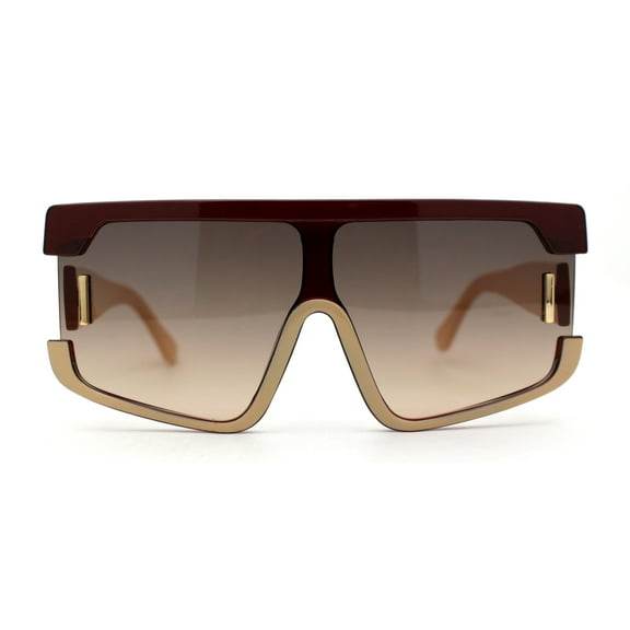 Womens 80s Funky Oversize Flat Top Plastic Shield Sunglasses Brown Beige Brown