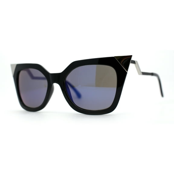Womens 80s Gothic Cat Eye Metal Horn Tip Sunglasses Black Blue Mirror