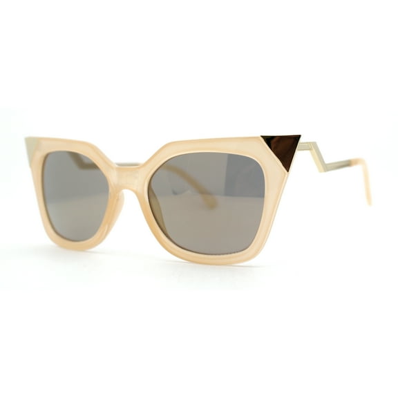 Womens 80s Gothic Cat Eye Metal Horn Tip Sunglasses Peach Gold Mirror