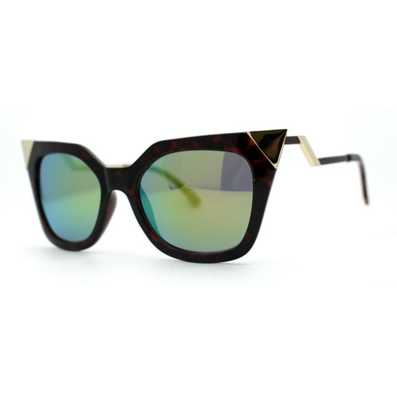 Womens 80s Gothic Cat Eye Metal Horn Tip Sunglasses Tortoise Teal Mirror