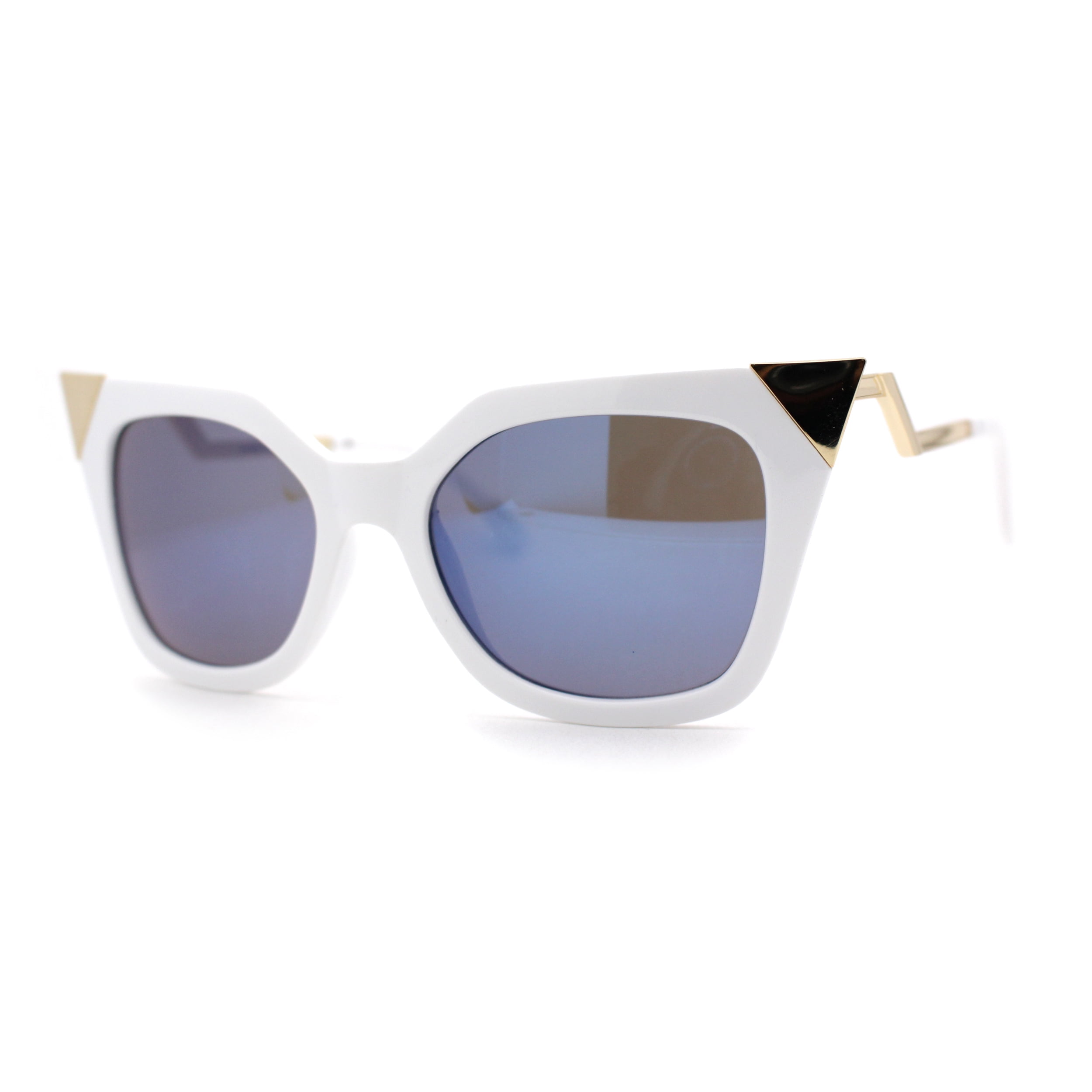 Womens 80s Gothic Cat Eye Metal Horn Tip Sunglasses White