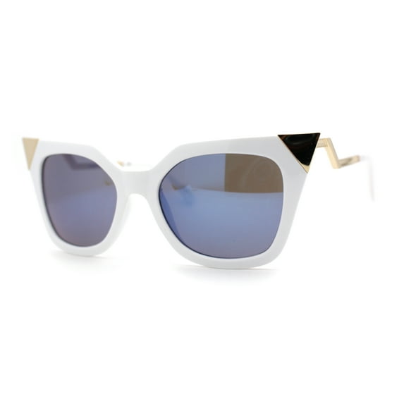 Womens 80s Gothic Cat Eye Metal Horn Tip Sunglasses White Blue Mirror