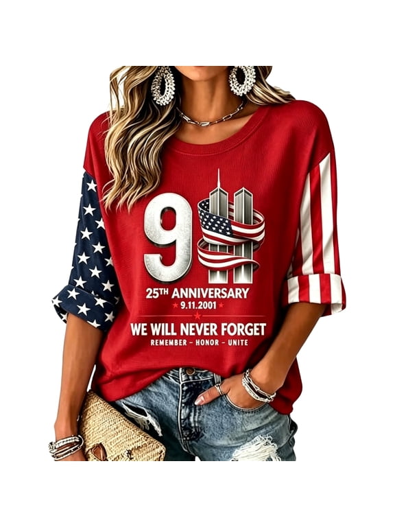 Womens 9/11 25th Anniversary Shirt 3/4 Sleeve Patriotic T Shirts | Never Forget 911 Memorial Shirt,Loose Crew Neck Graphic T-Shirt,Printed American Flag T-shirt,Casual Tee Tops, XL