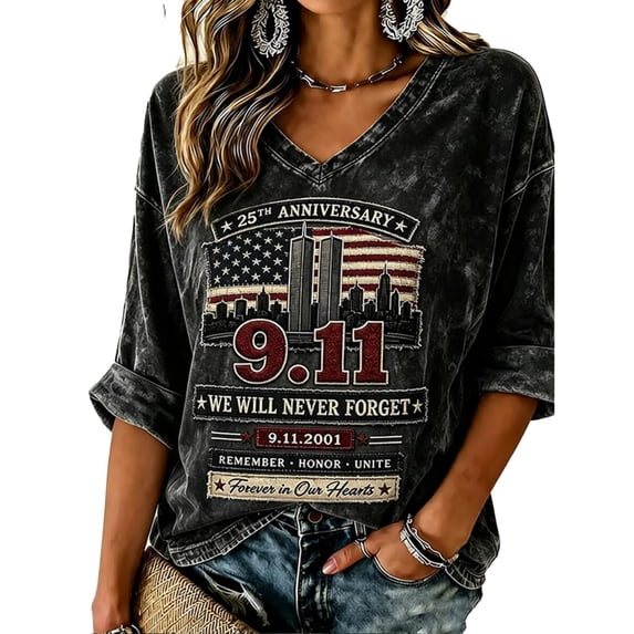 Womens 9/11 25th Anniversary Shirt 3/4 Sleeve Patriotic T Shirts | Never Forget 911 Memorial Shirt,Loose V-Neck Graphic T-Shirt,Printed American Flag T-shirt,Casual Tee Tops, 4XL
