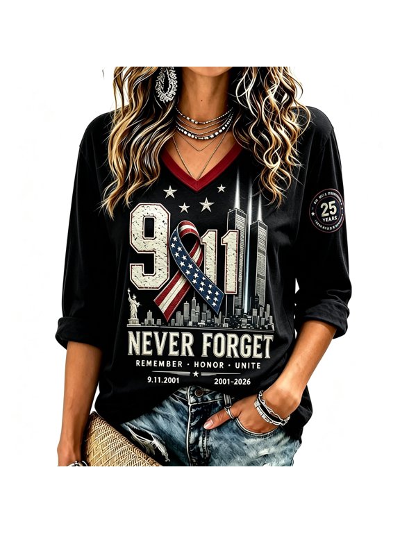 Womens 9/11 25th Anniversary Shirt 3/4 Sleeve Patriotic T Shirts | Never Forget 911 Memorial Shirt,Loose V-Neck Graphic T-Shirt,Printed American Flag T-shirt,Casual Tee Tops, 3XL