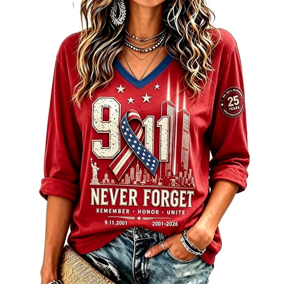 Womens 9/11 25th Anniversary Shirt 3/4 Sleeve Patriotic T Shirts | Never Forget 911 Memorial Shirt,Loose V-Neck Graphic T-Shirt,Printed American Flag T-shirt,Casual Tee Tops, S