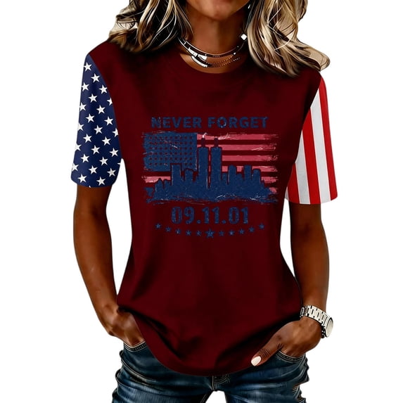 Womens 9/11 Never Forget Crew Neck T Shirt 25th Anniversary Usa Shirts Casual Tops Honor Faith American Flag 911 Memorial Shirt