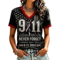 thumbnail image 1 of Womens 9/11 Never Forget V Neck T Shirt Patriotic Memorial Graphic Tee Short Sleeve Stretchy Casual Summer Top for Daily Wear and Gifts, Black-S, 1 of 3