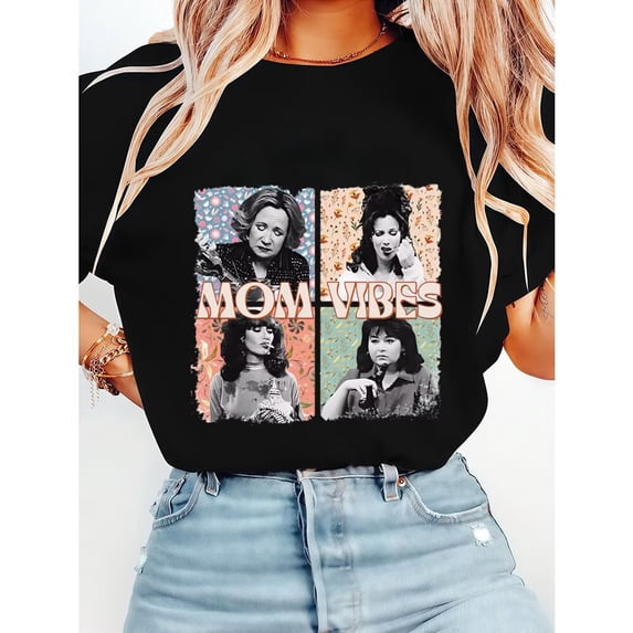 Womens 90s Mom Vibes Pattern T Shirts Funny Mom Graphic Tees Short Sleeve Print Cotton Tops Black,XL