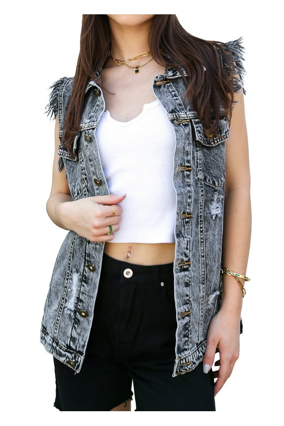 Womens 90s Oversized Distressed Sleeveless Denim Vest Boyfriend Fit Pockets Jean Jacket