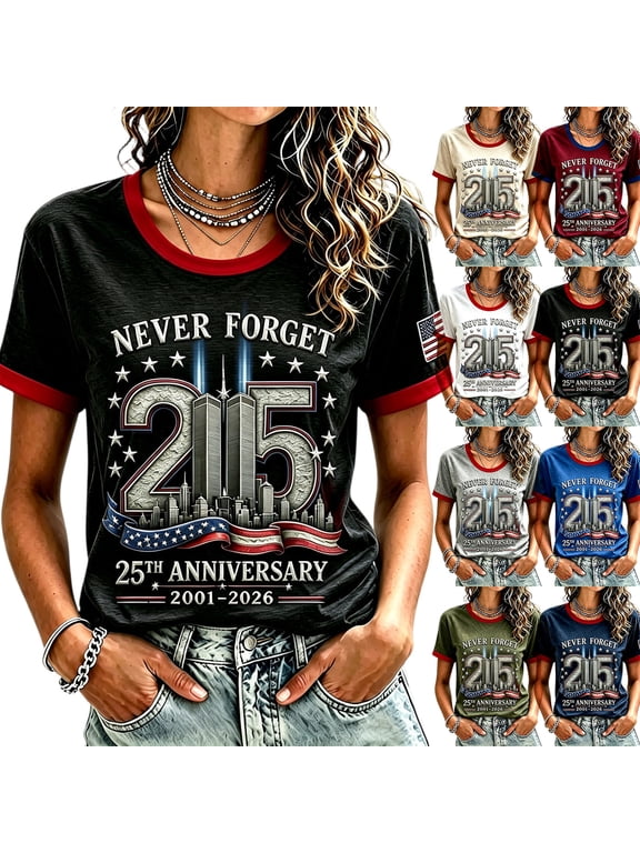 Womens 911 Memorial T‑Shirt, We Will Never Forget 2001‑2026 25th Anniversary V‑Neck Tops American Flag Patriotic Short Sleeve Faith Hope Courage Tee Tops