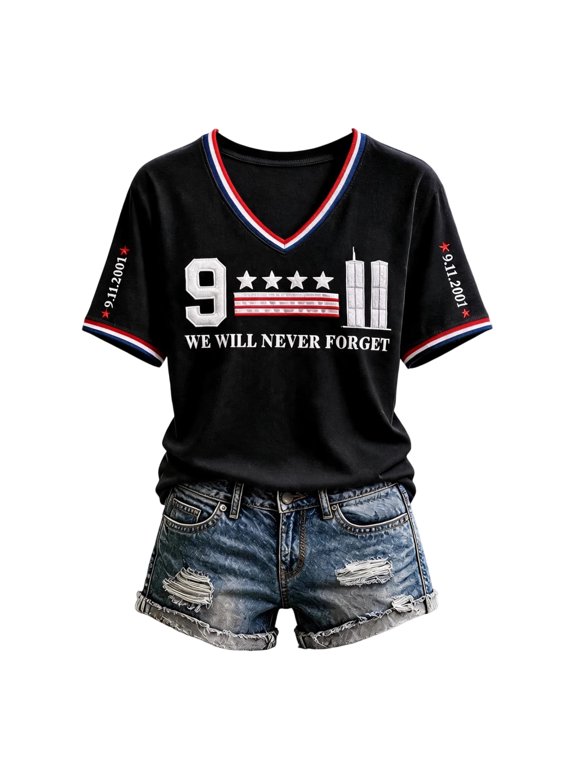 Womens 911 Short Sleeve Shirt American Flag Honor Faith Hope V Neck Tee 9.11 25Th Anniversary Honoring Patriot Shirts For Women