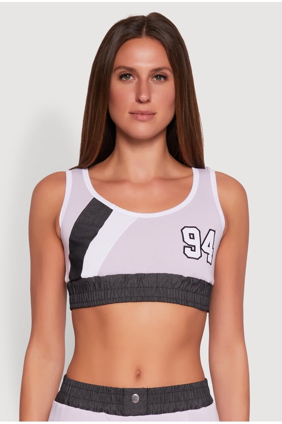 Womens 94 Graphic Denim Trim Crop Top