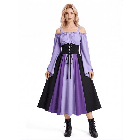 Womens A Line Corset Midi Dress Off Shoulder Bell Sleeve Color Block Purple,Size L
