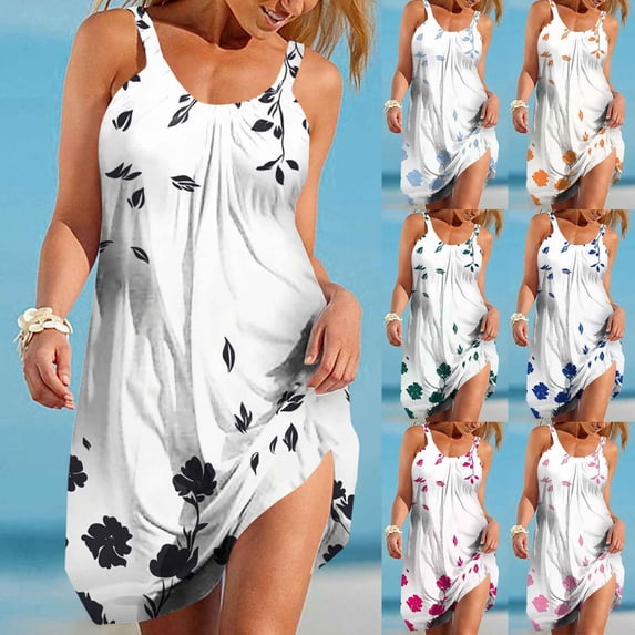 Womens A Line Dress Womens Summer Printing Dresses Loose V-Neck Sleeveless Sundresses Pockets Dresses Blue M