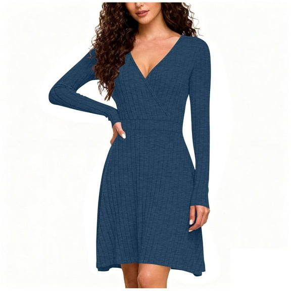 Womens A-Line Dresses, Women's Fashion Solid Color V-Neck Brushed Ribbed A-Line Long-Sleeve Midi Dress, Long-Sleeve V-Neck Dress