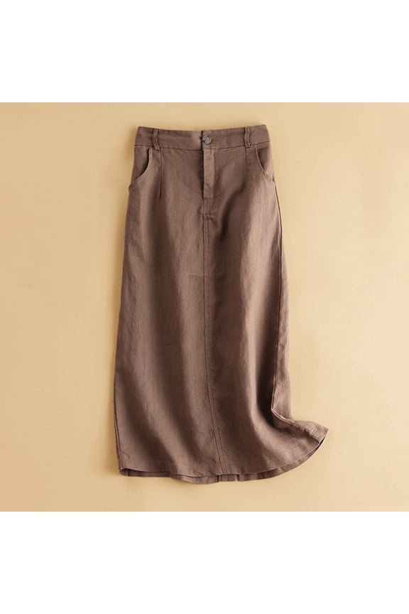 Womens A-Line Skirts Summer Casual Loose Solid Color Vintage Plain Breathable Elegant Midi Skirts Khaki S-2XL