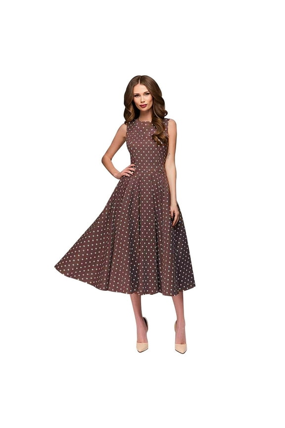 Womens A Line Tank Sundress Tunic Polka Dot Print Crewneck Midi Dress Casual Sleeveless Zipper Back Vacation Dresses