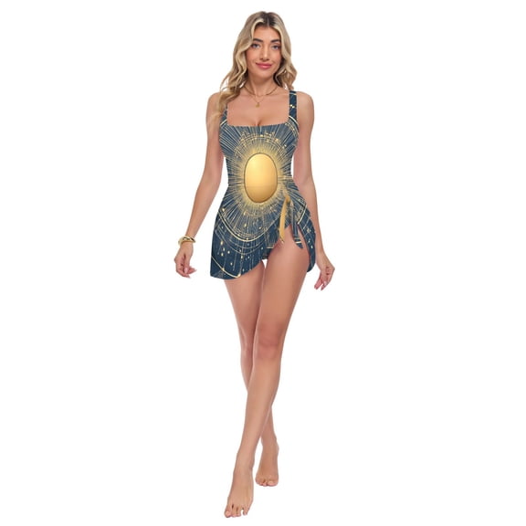 Womens A Sun with Stars Print 2-in-1 Swim Dress Detachable Skirt One-Piece Swimsuit Square Neck S-XXL