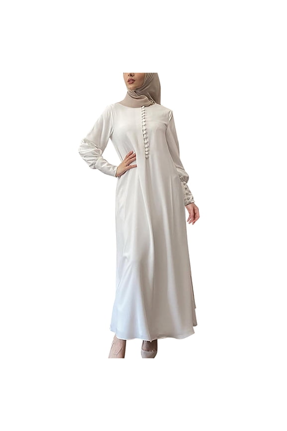 Womens Abaya Evening Gown Muslim Maxi Dress Solid Loose Fit Long Cardigan Robe Open Front Maxi Length Round Neck Dress