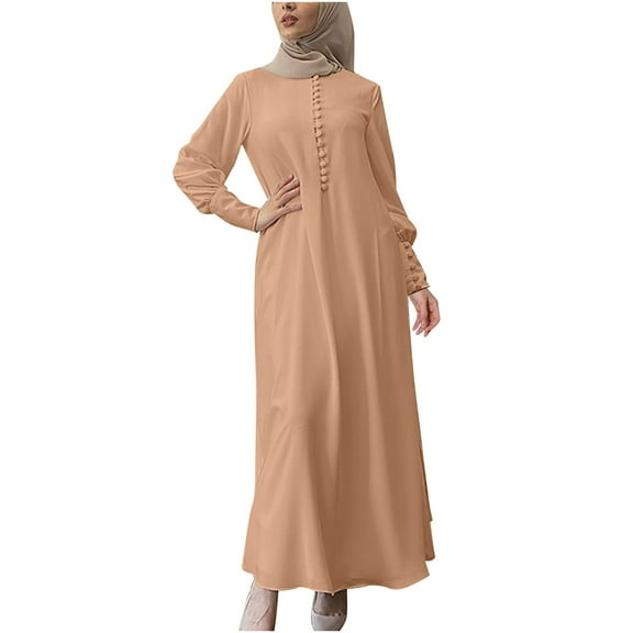 Womens Abaya Evening Gown Muslim Maxi Dress Solid Loose Fit Long Cardigan Robe Open Front Maxi Length Round Neck Dress