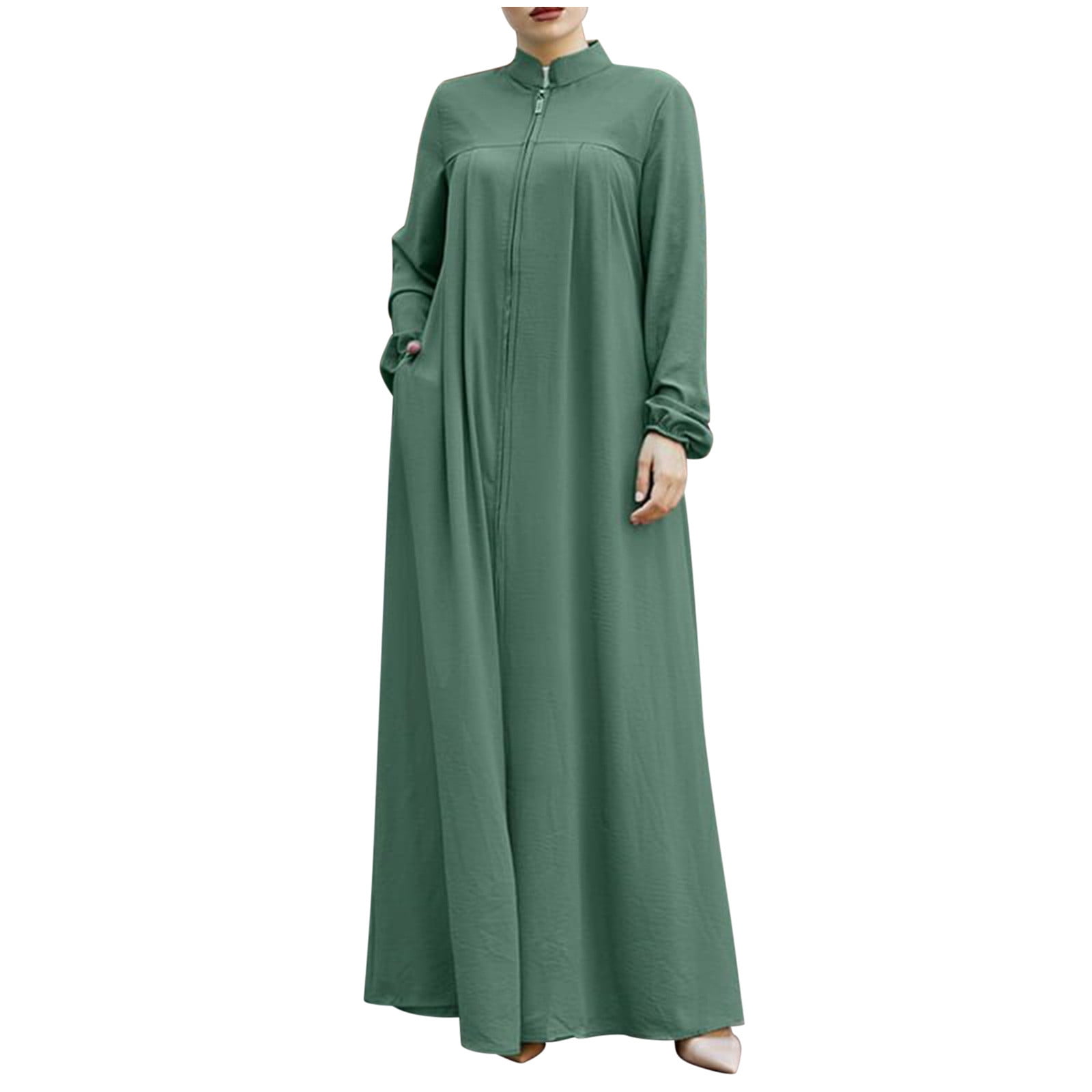 Womens Abaya Muslim Long Sleeve Front Zipper Dress Prayer Islamic Clothes with Pockets