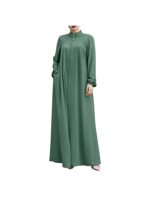 Womens Abaya Muslim Long Sleeve Front Zipper Dress Prayer Islamic Clothes with Pockets