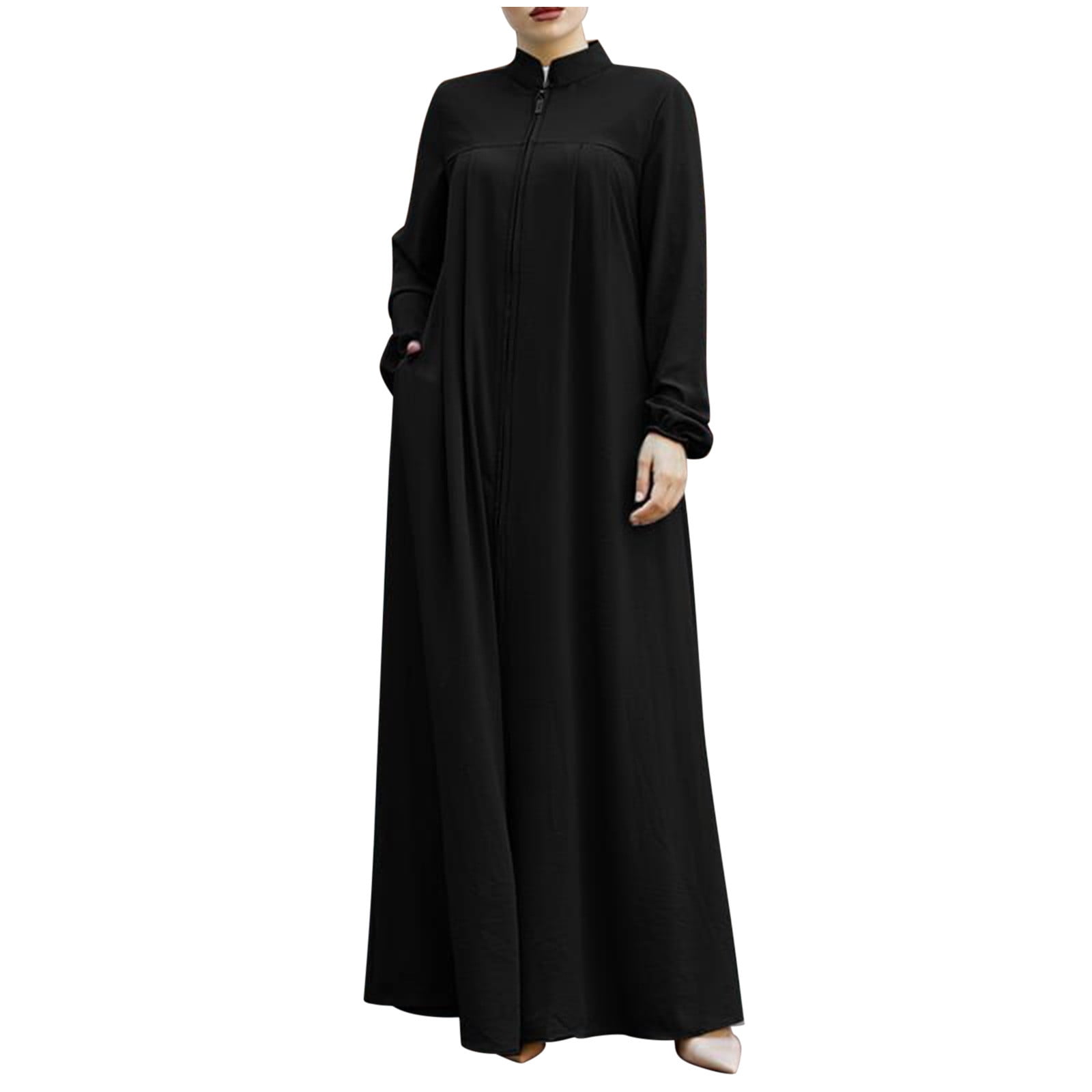 Womens Abaya Muslim Long Sleeve Front Zipper Dress Prayer Islamic Clothes with Pockets