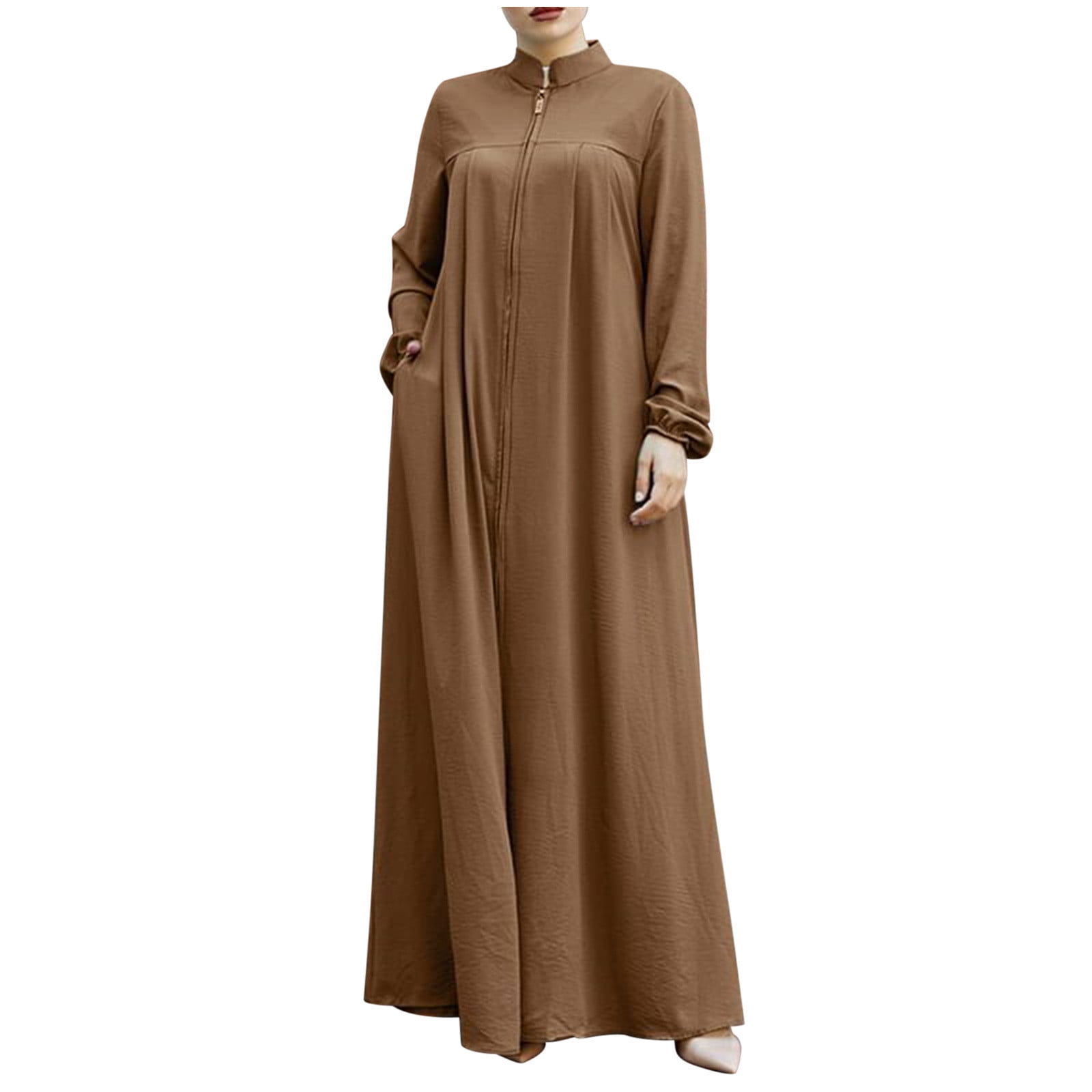 Womens Abaya Muslim Long Sleeve Front Zipper Dress Prayer Islamic Clothes with Pockets