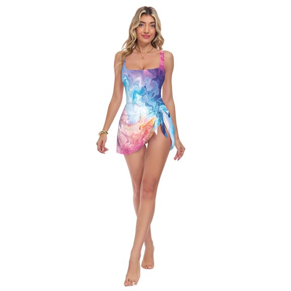 Womens Abstract Colorful Marbling Pattern Print 2-in-1 Swim Dress Detachable Skirt One-Piece Swimsuit Square Neck S-XXL