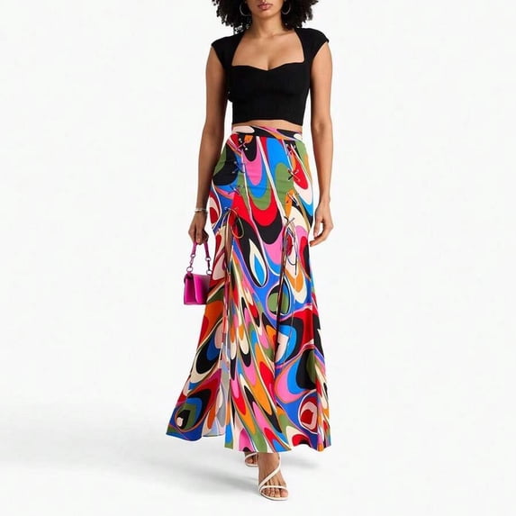 Womens Abstract Print High Waist Maxi Skirt, Colorful Swirl Pattern Lace-Up Slit Flowy Mermaid Skirt, Boho Y2K A-Line