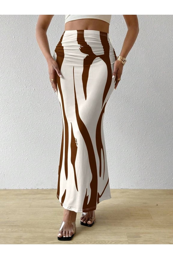 Womens Abstract Print Pleated Maxi Skirt Coffee Brown Sheath Flowing